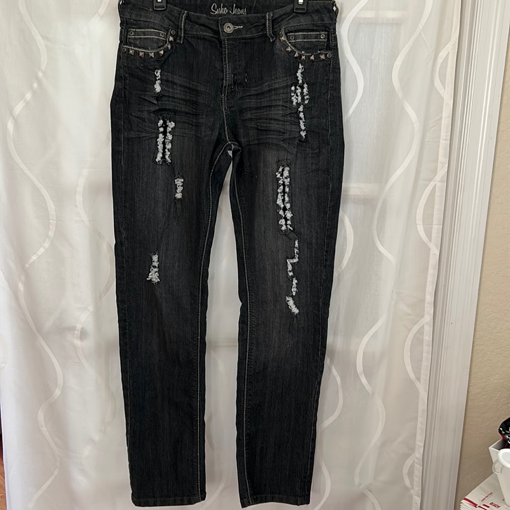Suko Black Distressed Jeans With Silver Studs, Size 12